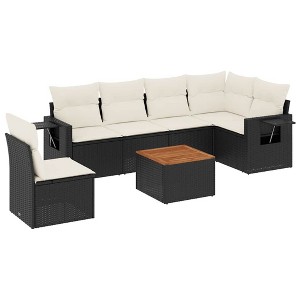 vidaXL 7 Piece Patio Sofa Set with Cushions Black Poly Rattan - Black and Cream 3x Middle + Table + Corner - 1 of 4