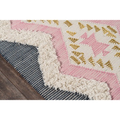 Handmade Pink Geometric Wool Area Rug with Fringe