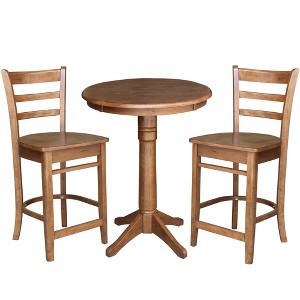 30" Effie Round Pedestal Counter Height Dining Set with 2 Emily Stools Distressed Oak - International Concepts: Solid Wood, 3-Piece - 1 of 4
