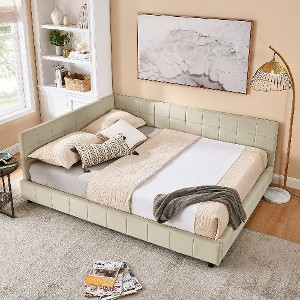 CAVINAS Mid-Century Velvet Daybed – Eucalyptus Wood Sofa Bed Frame, Queen Size Beds Frame with Headboard, Upholstered Platform Bed with Backrest - 1 of 4