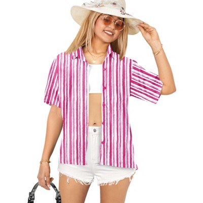 LA LEELA Womens Summer's Casual Beach Hawaiian Blouses Shirt V Neck Blouse Short Sleeve Button Up Dress Tops Tee Shirts for Women S Stripes, Pink