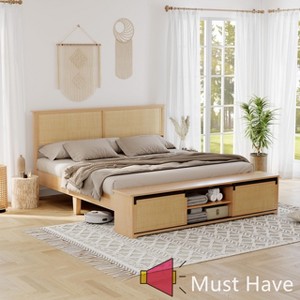 Jojoka Natural Rattan King Size Platform Bed Frame with LED Headboard, Sliding Barn Door Storage Cabinet, Wood Slats Support, Boho Farmhouse Style - 1 of 4