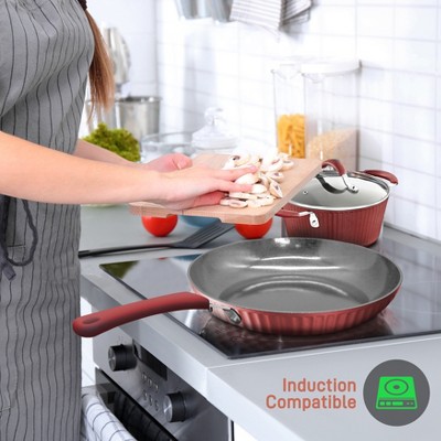 NutriChef 11-Piece Red and Gray Non-Stick Aluminum Cookware Set