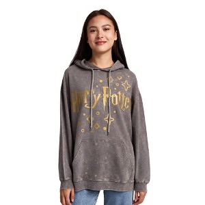 Harry Potter Stars & Hogwarts Crest Women's Gray Mineral Wash Long Sleeve Fleece Hooded Sweatshirt - 1 of 4