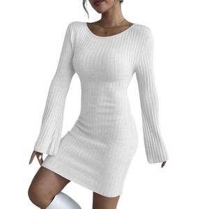 Coolmee Women's Bell Sleeve Sweater Dress Bodycon Crew Neck Slimming Knit Mini Dresses - 1 of 4