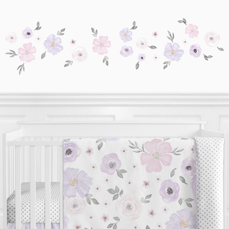 Sweet Jojo Designs Girl Wall Decal Stickers Art Nursery Décor Watercolor Floral Purple Pink and Grey 4pc, 1 of 4