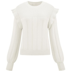 INSPIRE CHIC Women's Ruffle Long Sleeve Crew Neck Ribbed Knit Sweater White Medium - 1 of 4