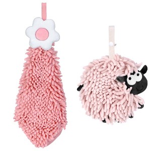 REGALWOVEN Flower and Sheep Shape Absorbent Fast Drying Chenille Hand Towels with Hanging Loop 6" x 15"/7" x 7" 2 Packs - 1 of 4