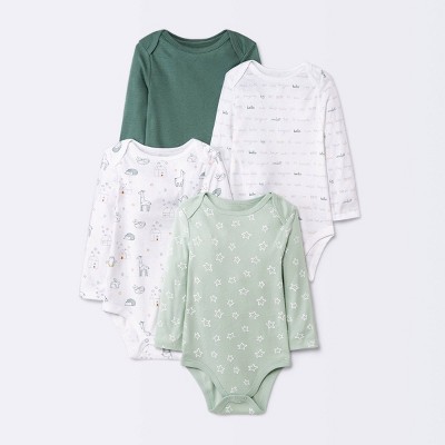 Image of Baby 4pk 'Hello Happy' Long Sleeve Bodysuit - Cloud Island™ Dark Green 0-3M