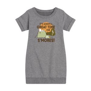 - Peanuts - It's Always A Great Time For Smores Graphic Short Sleeve Fleece Dress - 1 of 4