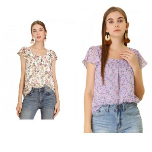 Allegra K Women's Chiffon Ruffle Sleeve Square Neck Floral Print Blouse 2 Pcs - 1 of 4
