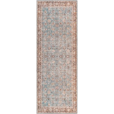 Livabliss 2'7"x12' Colin Traditional Machine Washable Rug Blue/Brown: Flatweave Runner, Pet Friendly, Indoor Use