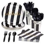 Juvale 144 Piece Black and White Party Supplies, Striped Celebrate Plates, Napkins, Cups, Cutlery for Graduation, Serves 24