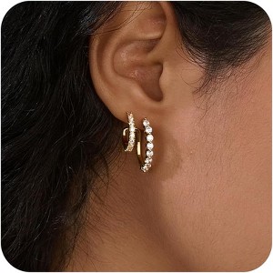 14k Gold/Silver Double Hoop Huggie Earrings | Hypoallergenic Chunky CZ Earrings with Flat Back for Comfortable Stacking - 1 of 4