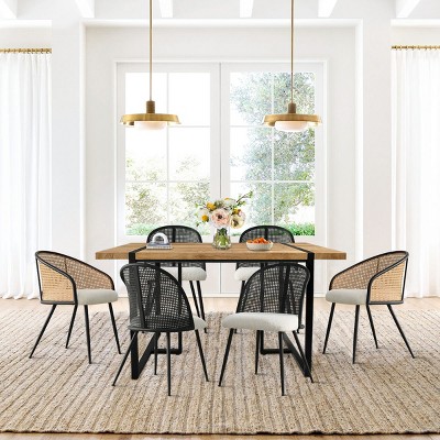 7-piece Rectangle Dining Table Set with 4 Mesh Rattan Armless Dining Chair and 2 Captain's Chair, Dining Set for 6 Person - Maison Boucle