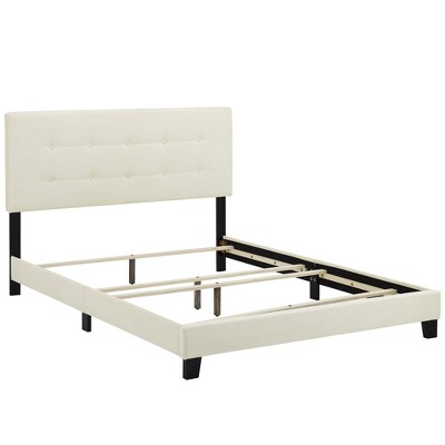 Elegant Ivory Full Platform Bed with Tufted Velvet Upholstery