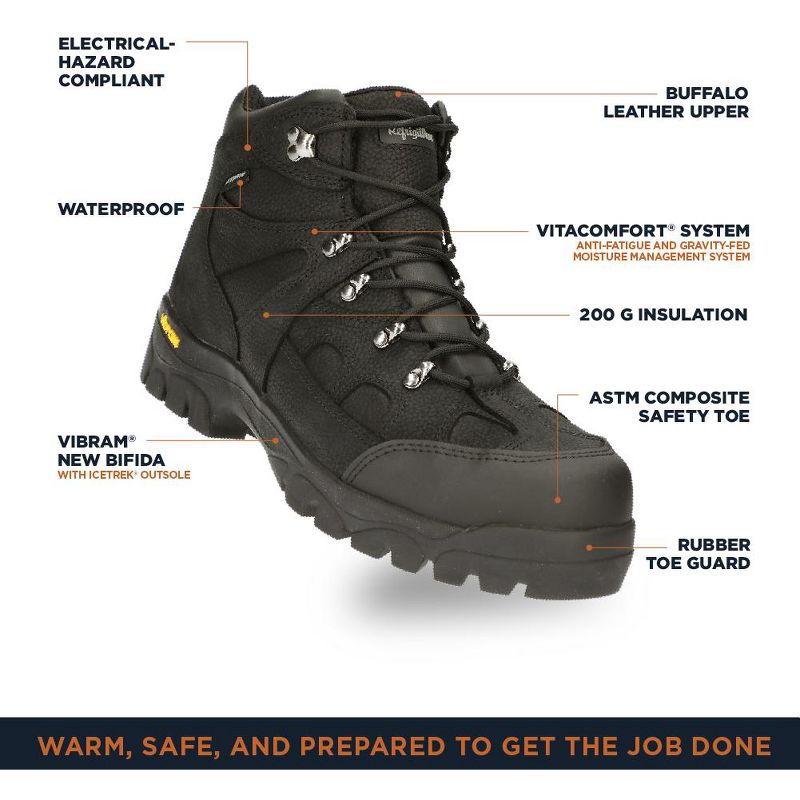 RefrigiWear Men's EnduraMax Warm Insulated Waterproof Black Leather Work Boots, 3 of 8