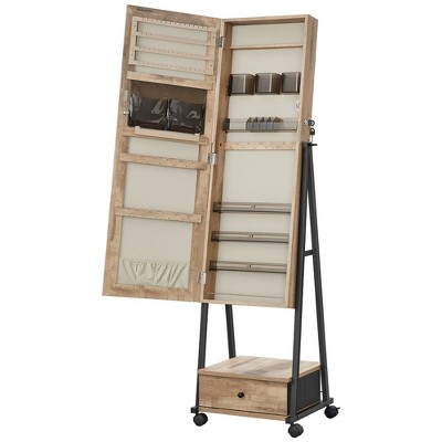 SONGMICS Jewelry Armoire Cabinet Floor Standing Lockable Jewelry Organizer Box Full-Length Mirror Bottom Drawer Shelf