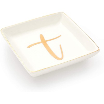 Juvale Letter T Ceramic Trinket Tray, Monogram Initials Jewelry Dish for Ring (4 Inches)