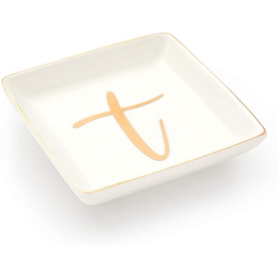 Juvale Letter T Ceramic Trinket Tray, Monogram Initials Jewelry Dish for Ring (4 Inches)