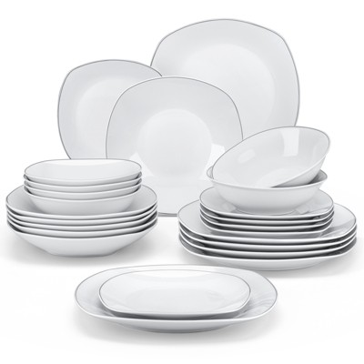 vancasso 24 Piece Porcelain Square Dinnerware Sets White with Silver Rim Plates and Bowls Sets, Ceramic Dish Set for 6