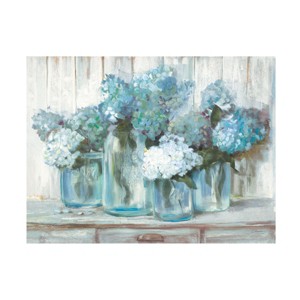 "Hydrangeas In Glass Jars Blue" Outdoor Canvas - 1 of 4