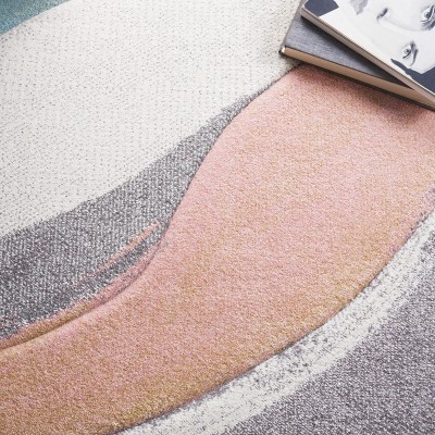 Grey and Pink Mid-Century Modern Synthetic Square Rug
