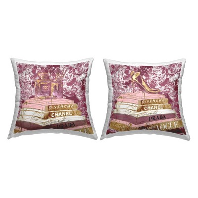 Stupell Industries Pink Fashion Glam Book Stacks Perfume Heel Printed Pillow, 2 Pillows, Each 18 x 18