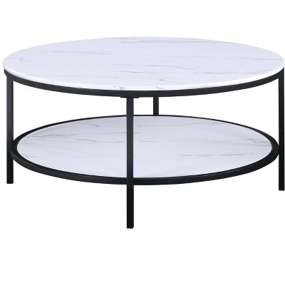 Vynxaria Modern Contemporary Round Coffee Table - Black Finish, Faux Marble Top, Lower Storage Shelf, Sturdy Wooden Furniture for Living Room