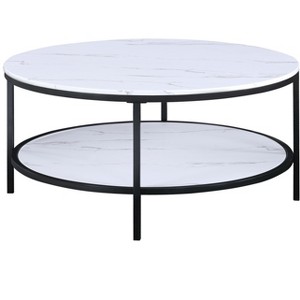 Vynxaria Modern Contemporary Round Coffee Table - Black Finish, Faux Marble Top, Lower Storage Shelf, Sturdy Wooden Furniture for Living Room - 1 of 4