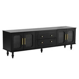 PDTEND Retro Design TV Stand with Fluted Glass Doors, 2 Drawers and Cabinets for TVs Up to 78'', Black - 1 of 4