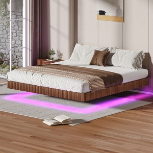 NicBex King/Queen Natural Wood Floating Bed Frame with LED Lights,Wave Wood Texture Platform Bed for Bedroom,No Box Spring Needed - 1 of 4