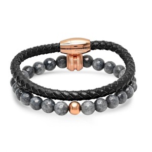 Steeltime Men's set of 2 gray agate beaded bracelet with 18k rose gold plated accents and black leather braided bracelet - 1 of 4