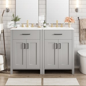 Vynxaria 48-Inch Modern Bathroom Vanity - Dual Ceramic Sinks, 4 Soft-Close Doors, 2 Flip Drawers, Double-Layer Shelves, Gray - 1 of 4