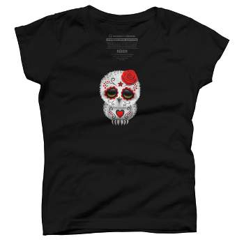 Girl's Design By Humans Cute Red Day of the Dead Sugar Skull Owl By jeffbartels T-Shirt