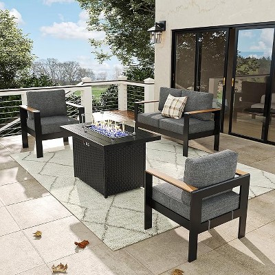 LayinSun 4 Pieces Aluminum Outdoor Patio Furniture Set with Fire Pit Table, Outside Metal Patio Conversation Sets with Deep Seating and Thick Cushions