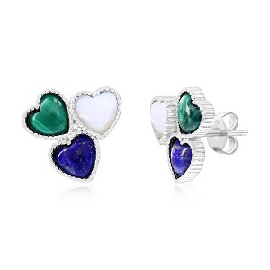 Bella Silver Sterling Silver, MOP, Lapis, Malachite, Triple Cluster Heart Earrings - Multi - 1 of 2