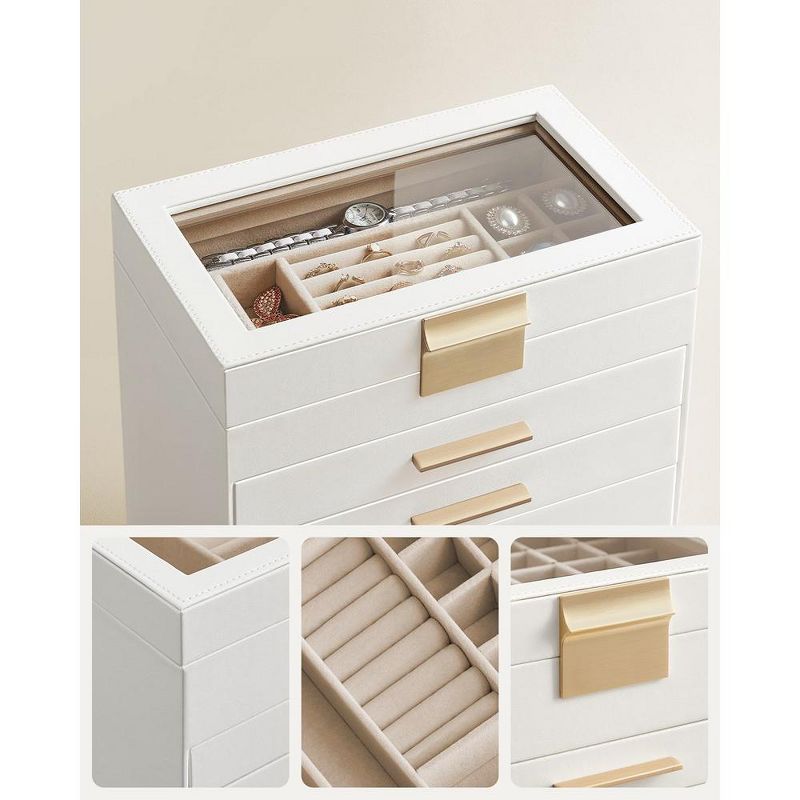 SONGMICS Jewelry Box Jewelry Storage with Glass Lid, 6-Layer Jewelry Organizer, 5 Drawers, Cloud White and Gold Color, 5 of 8