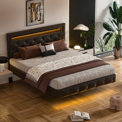 King Size Floating Bed Frame with LED Lights,Upholstered Leather Headboard Platform, Under Storage Space, Solid Wood Slats,Brown