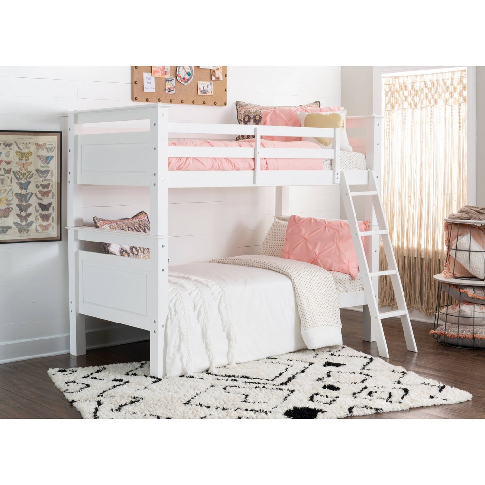 Photos - Bed Frame Twin Over Twin Justin Modern White Solid Wood Built In Ladder Kids' Bunk B