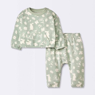 Baby Girls' Modal French Terry Bunny Top & Bottom Set - Cloud Island™ Green 12M