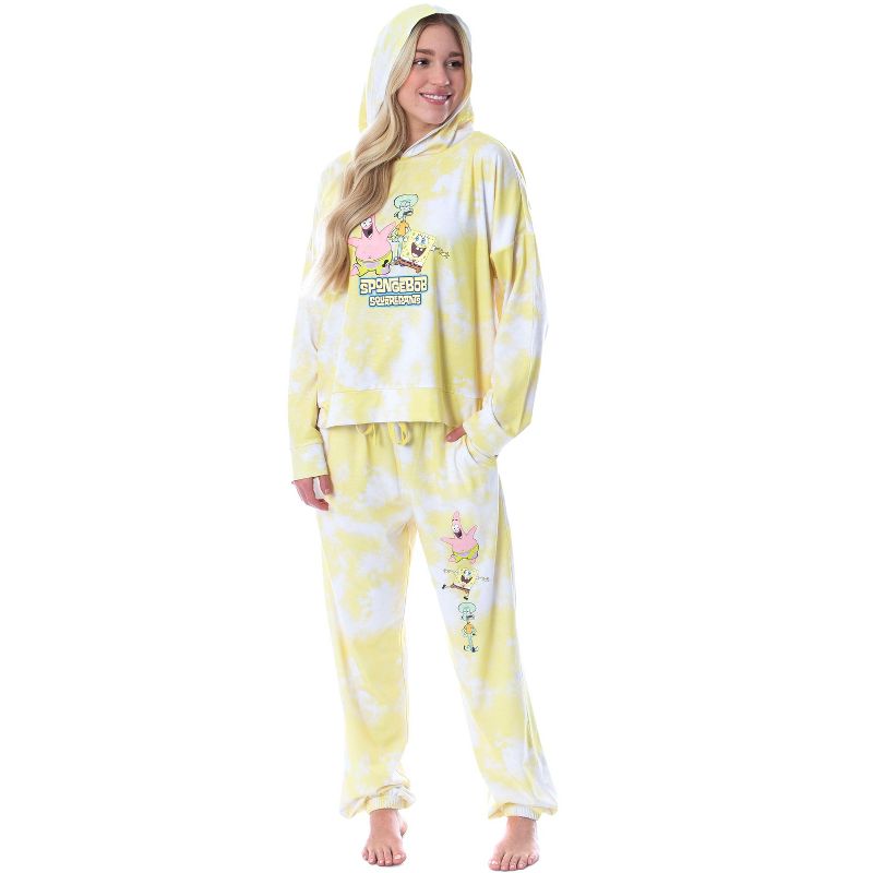 Spongebob Squarepants Tie Dye Womens' Pajama Cropped Hooded Jogger Set Yellow, 1 of 5
