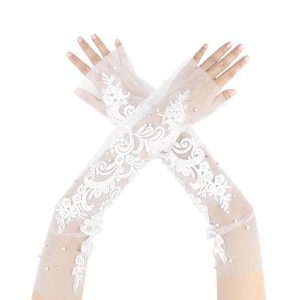 INSPIRE CHIC Women's Lace Floral Pearl Bowknot Polka Point Arm Fingerness Length Sleeves for Elegant Bridge Wedding Gloves 1 Pair - 1 of 4