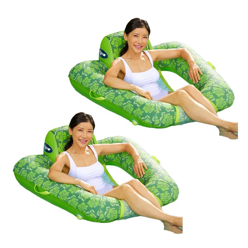 Aqua Leisure Zero Gravity Comfortable Hammock Style Inflatable Swimming Pool Chair Lounge Float w/ Leg and Arm Rests, Floral Trip Lime Green, 2 Pack, 1 of 7