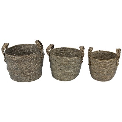 Northlight Set of 3 Dark Brown Round Seagrass Storage Baskets with Braided Handles 13.5"