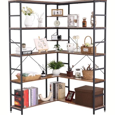 5 Tier Corner Bookcase, Industrial L-Shaped Wooden Bookcase, Large Storage Display Shelf with Metal Frame, Home Office, Living Room, Kitchen