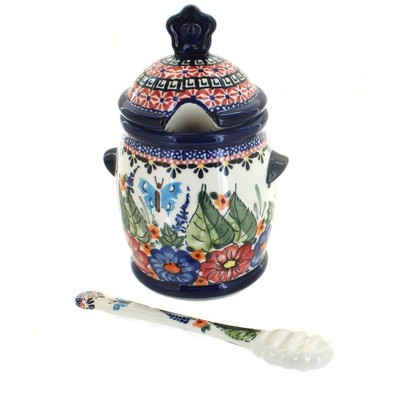 Blue Rose Polish Pottery Floral Butterfly Honey Pot and Dipper