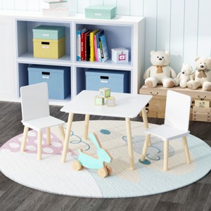 FURNIinspire Kids Table Sets 3 Pieces Kids Table Chair Set, Wooden Activity Play Table Set, Square Table with 2 Chairs, White, 23.6"*23.6"*17.3" - 1 of 4