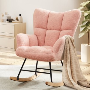 FURNIinspire Accent Chairs Living Room Chairs Teddy Upholstered Rocking Chair Bedroom Armchair Modern Reading Chair, Pink, 33.46"*22.8"*38.98" - 1 of 4