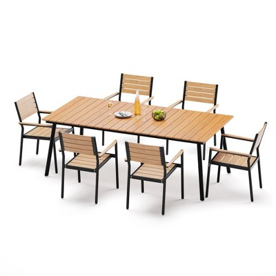 Crestlive Products Outdoor Dining Set Patio Dining Table Wooden-Like Top and Aluminum Frame Umbrella Hole